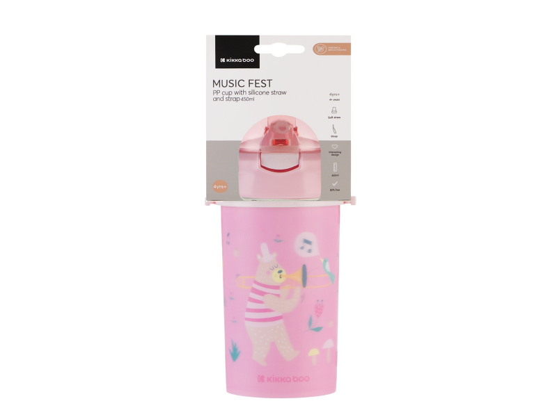 Hrnek se silikonovým brčkem a popruhem 450ml Music Fest Pink