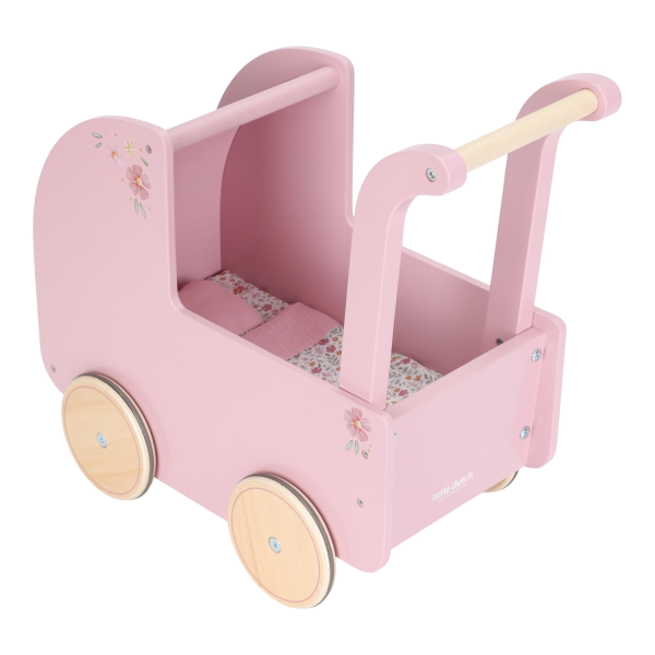 Kočárek pro panenky dřevěný s peřinkou Pink