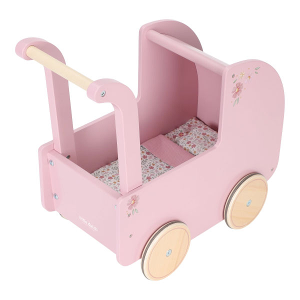 Kočárek pro panenky dřevěný s peřinkou Pink