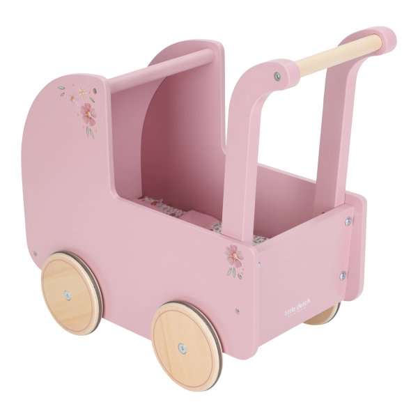 Kočárek pro panenky dřevěný s peřinkou Pink