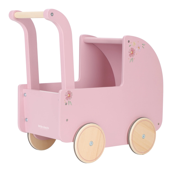 Kočárek pro panenky dřevěný s peřinkou Pink