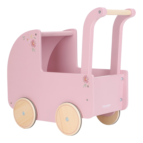 Kočárek pro panenky dřevěný s peřinkou Pink