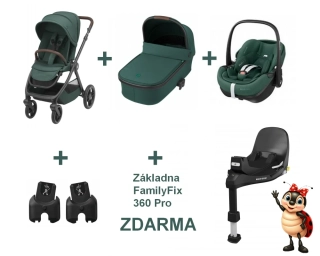 Maxi-Cosi Oxford kočárek + korba + autosedačka Pebble 360 Pro 2 + základna + adaptéry Essential Green