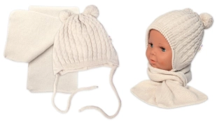 Zimní čepice na zavazování s bambulky + šál, Baby Nellys - béžová
