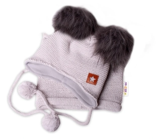 Zimní čepice s fleecem a chlupáčkové bambulky Star + komínek - šedá, 98/104, BABY NELLYS